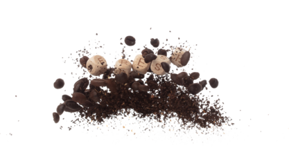 Rich aroma freshly roasted coffee beans fly in air as dance alongside alphabet letter blocks toy beads "FRESH", embodying essence of the coffee seed powder. White background isolated explosion