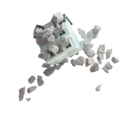 Dream House fly float in air with magic gravel. Construction of sand rock gravel is material base making Dream home. Miniature house takes flight as enchanting strong gravel. White background isolated