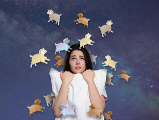 Woman with pillow suffering from insomnia. Illustrations of colorful sheep around her against night...