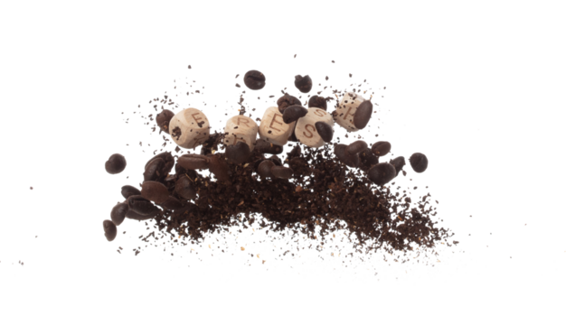 Rich aroma freshly roasted coffee beans fly in air as dance alongside alphabet letter blocks toy beads "FRESH", embodying essence of the coffee seed powder. White background isolated explosion