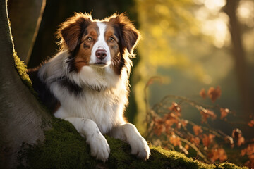 A dog lying on a mossy tree trunk in a forest. The dog is a brown and white Australian Shepherd with a black nose and brown eyes - Powered by Adobe