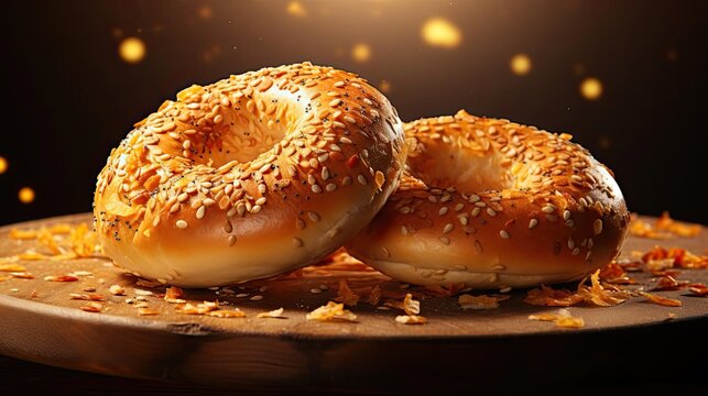 Closeup bagels bread with sprinkled sugar and sesame seeds on wooden table background blur