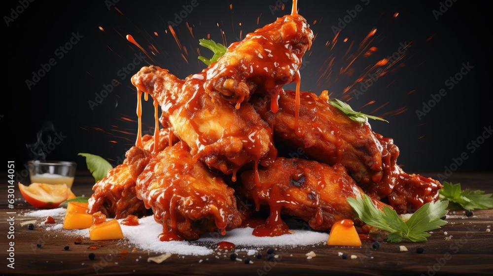 Poster Closeup Buffalo wings with melted hot sauce on a wooden table with a blurred background