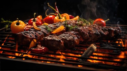 Closeup grilled barbeque with melted barbeque sauce and cut vegetables, blur background