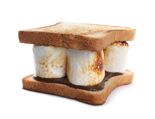 Delicious marshmallow sandwich with bread and chocolate isolated on white