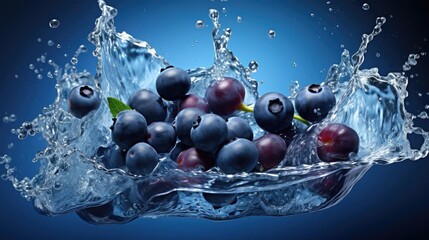 Fototapeta na wymiar Closeup fresh blueberries splashed with water on black and blurry background