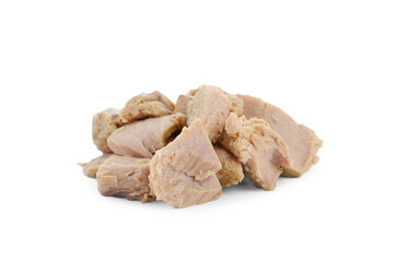 Delicious canned tuna chunks isolated on white