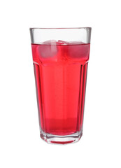 Glass of red soda water with ice cubes isolated on white