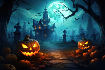 A spooky Halloween scene. The scene is set at night with a full moon in the background