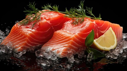Closeup Fresh salmon with lemon slices on wooden table, black and blur background
