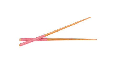 Pair of wooden chopsticks isolated on white, top view