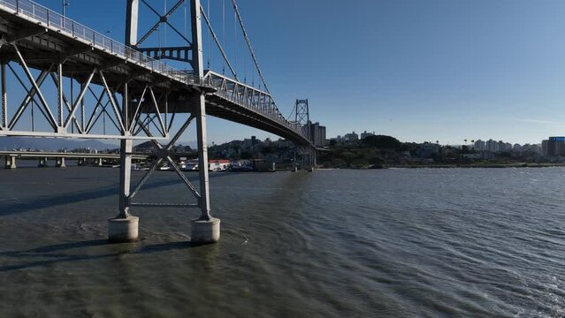 Florianopolis in Santa Catarina. Hercilio Luz Bridge. Aerial image.
