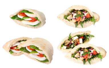 Collage with tasty pita sandwiches isolated on white
