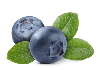 Fresh ripe blueberries with green leaves isolated on white