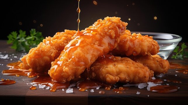 Closeup perfect view close up crispy chicken tenders with blur and background cinematic