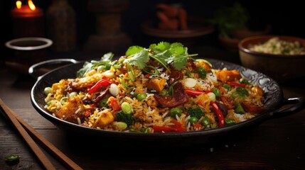 Closeup Fried rice with chopped vegetables and meat on a plate with a blurry background