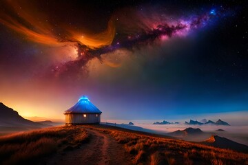 A mountain Nebula with a Hut in it's credle - AI generative