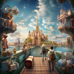 illustration of a fantasy land with castles and fairytale buildings, the children are walking over the bridge to the fantasy castle  - obrazy, fototapety, plakaty