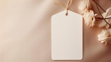 white blank tag with a rope for mockup on cream color background