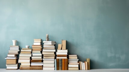 pile of books on minimalistic background or stock of books for world book day background