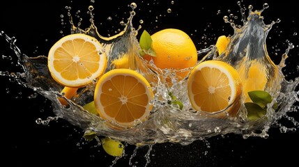 Fototapeta na wymiar Closeup fresh yellow lemon splashed with water on black and blurred background