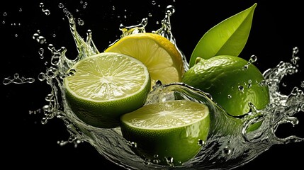 Fototapeta na wymiar Closeup Fresh green limes splashed with water on black and blurred background