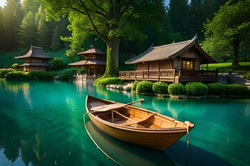 Obraz premium a picturesque artificial lake with a wooden boat embraced by a serene park - AI Generative