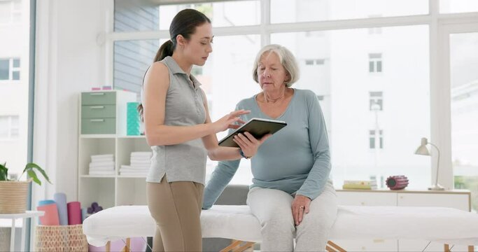 Physiotherapy, doctor and senior woman for advice, healthcare results and digital support. Physical therapy, medical insurance and chiropractor person helping elderly patient with clinic information