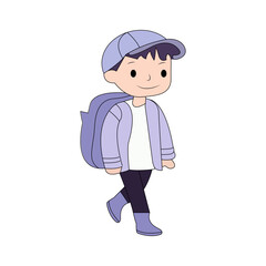 happy smile student boy walk go to school carrying backpack vector doodle kids illustration.