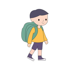 Fototapeta na wymiar happy smile student boy walk go to school carrying backpack vector doodle kids illustration.