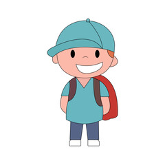 happy smile student boy walk go to school carrying backpack vector doodle children kids illustration.