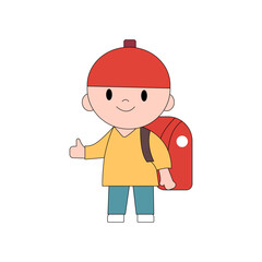 happy smile student boy walk go to school carrying backpack vector doodle children kids illustration.