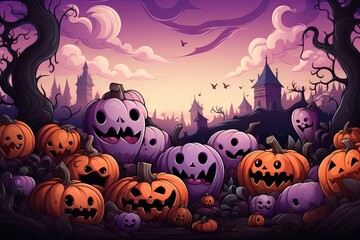 halloween background with halloween icons like a pumpkin, jack o lantern, and ghost, etc, in the style of kawaii aesthetic, elaborate borders, light violet and beige