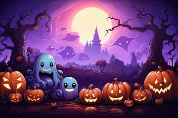 halloween background with halloween icons like a pumpkin, jack o lantern, and ghost, etc, in the style of kawaii aesthetic, elaborate borders, light violet and beige