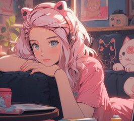 Portrait of a lovely teeneger. Girl relaxes with cat ears headphones on sofa, at home. Big blue clear eyes and long pink hair. 3d digital illustration in anime cartoon style. Pink casual clothing
