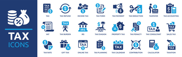 Tax icon set. Containing tax refund, tax deduction, payment, tax accounting, calculator, taxpayer, VAT, taxation and income icons. Solid icon collection. Vector illustration. - obrazy, fototapety, plakaty