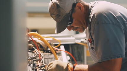 Close-up of skilled technicians in action as they expertly repair the air conditioner at home