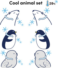 クールリングを使用する動物のイラストセット（シロクマ・ペンギン・アザラシ）