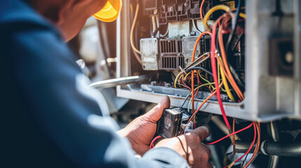 Close-up of skilled technicians in action as they expertly repair the air conditioner at home