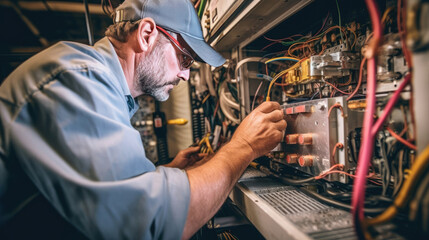 Close-up of skilled technicians in action as they expertly repair the air conditioner at home
