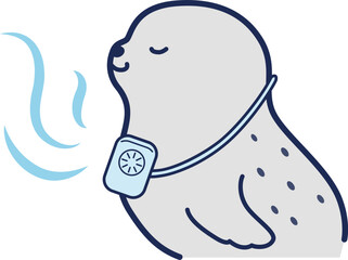 ミニ扇風機を首にかけたアザラシのイラスト