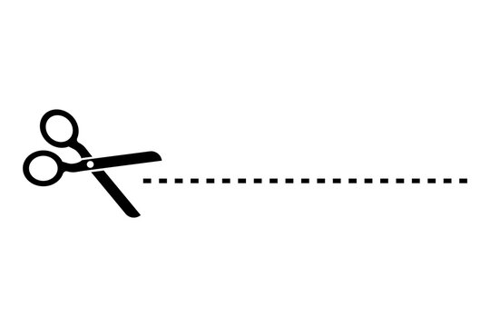 Shear mark. Scissor with dot line. Dotted outline on paper. Scissor with ribbon for design dash border page. Vector illustration. Eps 10.