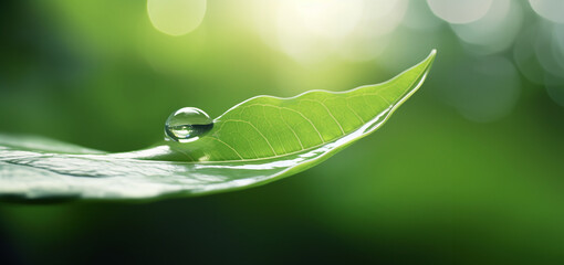 Beautiful water drops after rain on green leaf in sunlight, macro. Many droplets of morning dew outdoor, beautiful round bokeh, selective focus. Amazing artistic image of purity and fresh of nature
