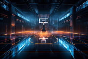 Obraz premium Basketball Court Hologram Lights Futuristic Technology