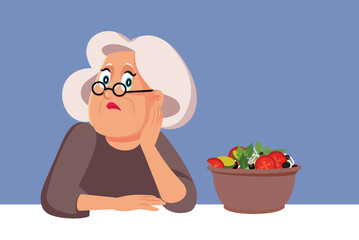Unhappy Elderly Woman Not Eating Having No Appetite vector Illustration. Sad upset granny trying to lose some weight feeling depressed 
 - obrazy, fototapety, plakaty