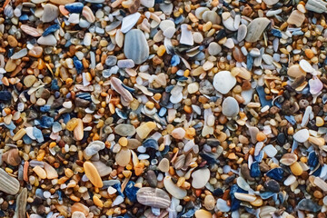 Colorful pebbles on the beach with the blue shells - Outer banks, NC, USA