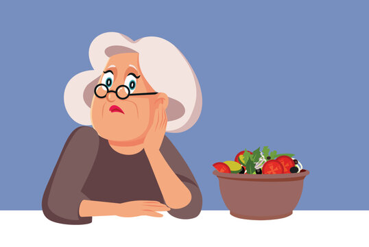 Unhappy Elderly Woman Not Eating Having No Appetite vector Illustration. Sad upset granny trying to lose some weight feeling depressed 
 - Powered by Adobe