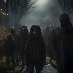 Fototapeta na wymiar Zombies, kid monster, Zombies on the street, Scary Village, Scary Town 