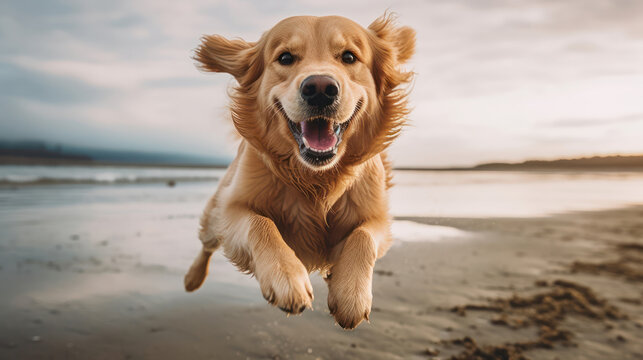 Close up photo of a golden retriever dog jumping on the beach
