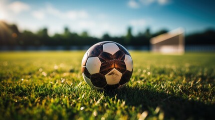 Football stadium. Football goal or football gate closed up with green grass and fans behind the football.